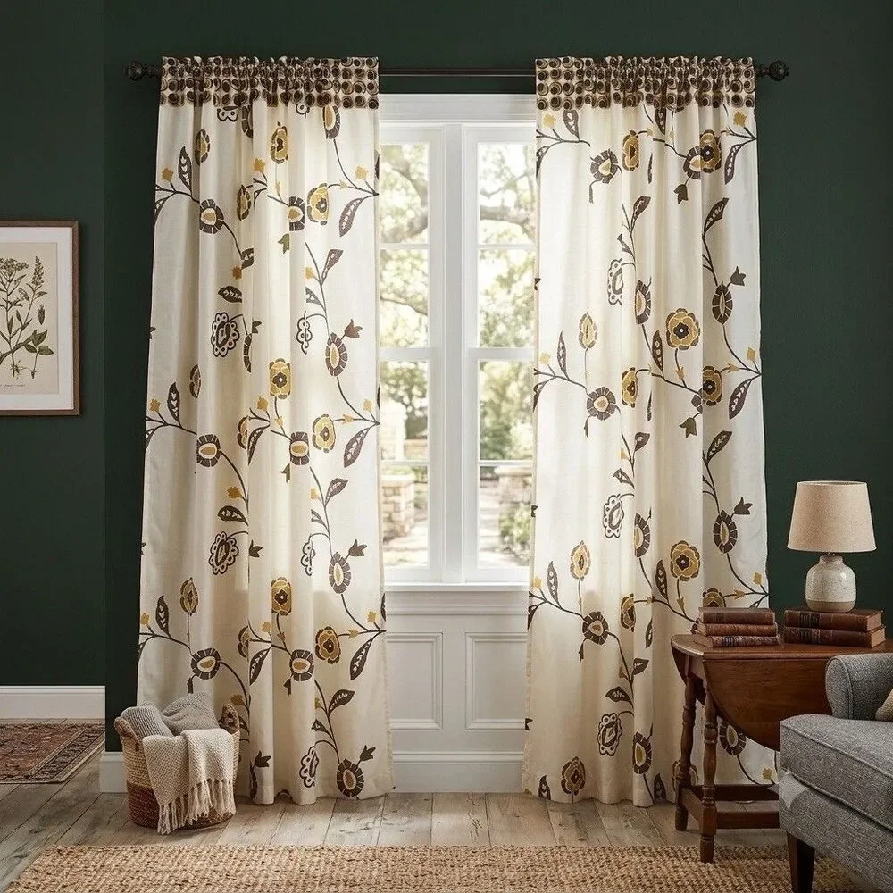 Pier 1 Imports West End Window Curtain Panels Floral Boho Cream Gold Brown Set 2